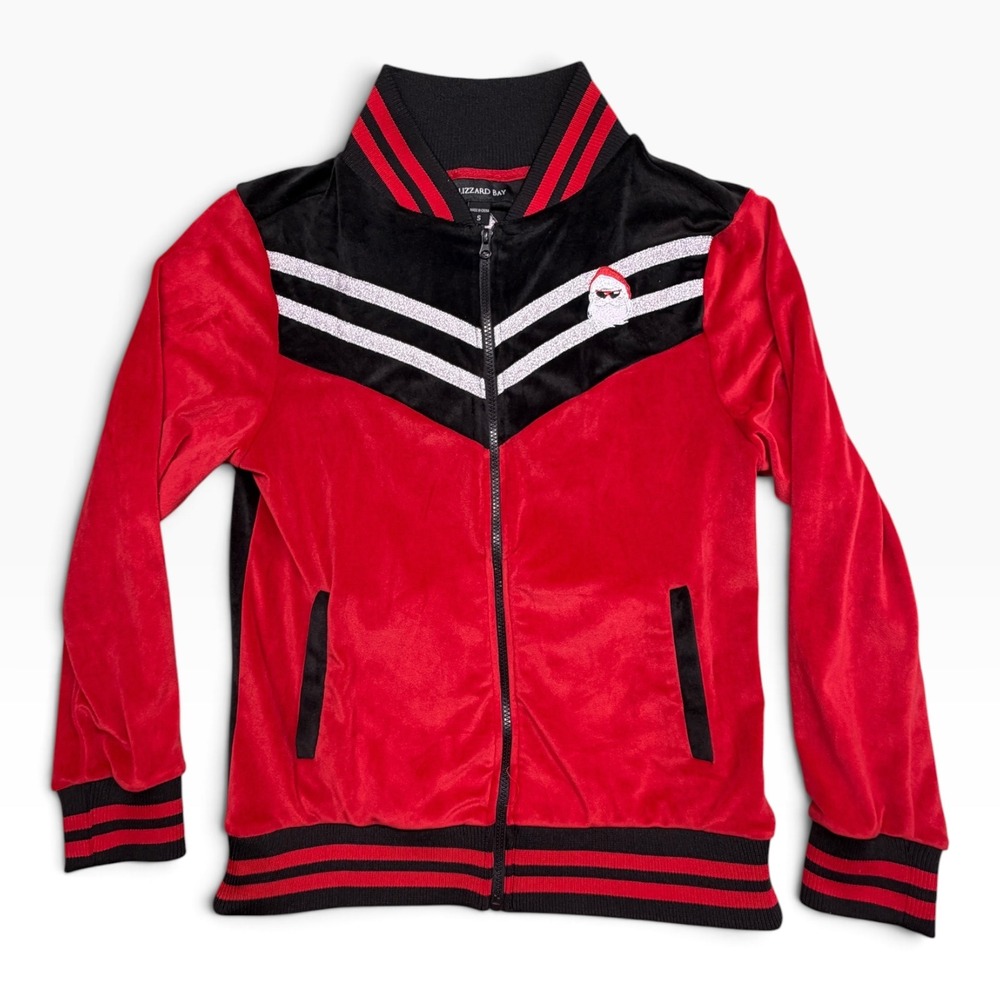 Blizzard Bay Womens Santa Claus Velvet Track Jacket Red Black Sequin Small